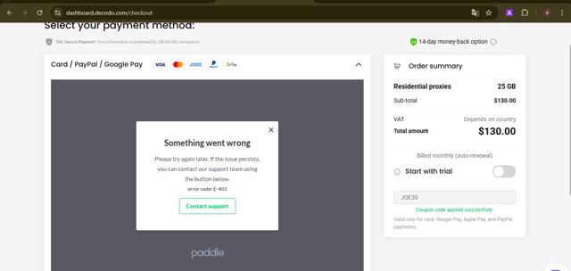 Decodo (formerly Smartproxy) checkout page showing Decodo (formerly Smartproxy) promo code box | Screenshot taken by SimplyCodes community member on Aug 17, 2025