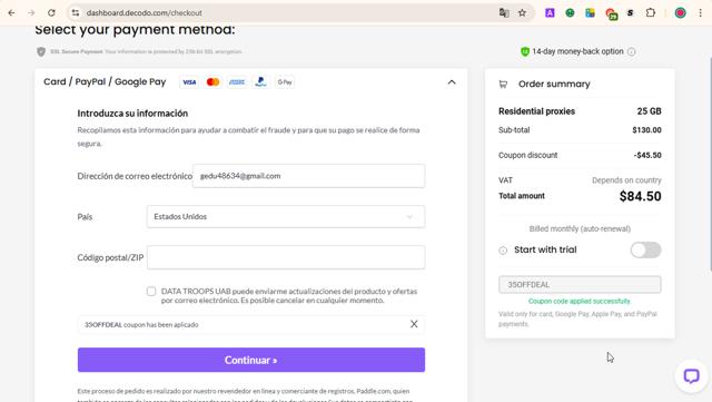 Decodo (formerly Smartproxy) checkout page showing Decodo (formerly Smartproxy) promo code box | Screenshot taken by SimplyCodes community member on Aug 11, 2025