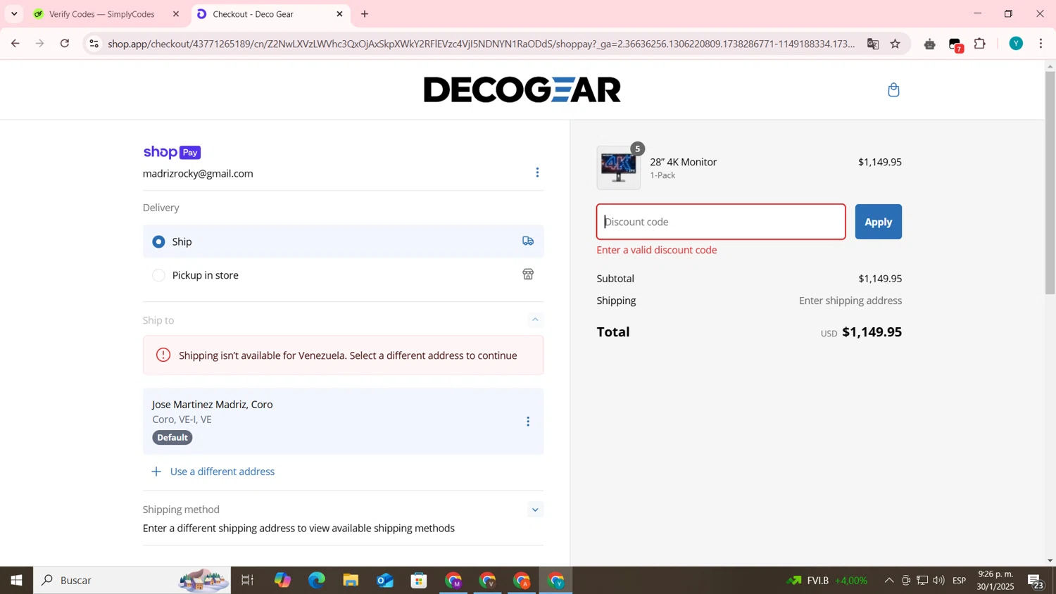 Deco Gear discount code screenshot showing code SOCIAL5 applied at Deco Gear checkout page. Uploaded by SimplyCodes community member codygakpo on Jan 31, 2025