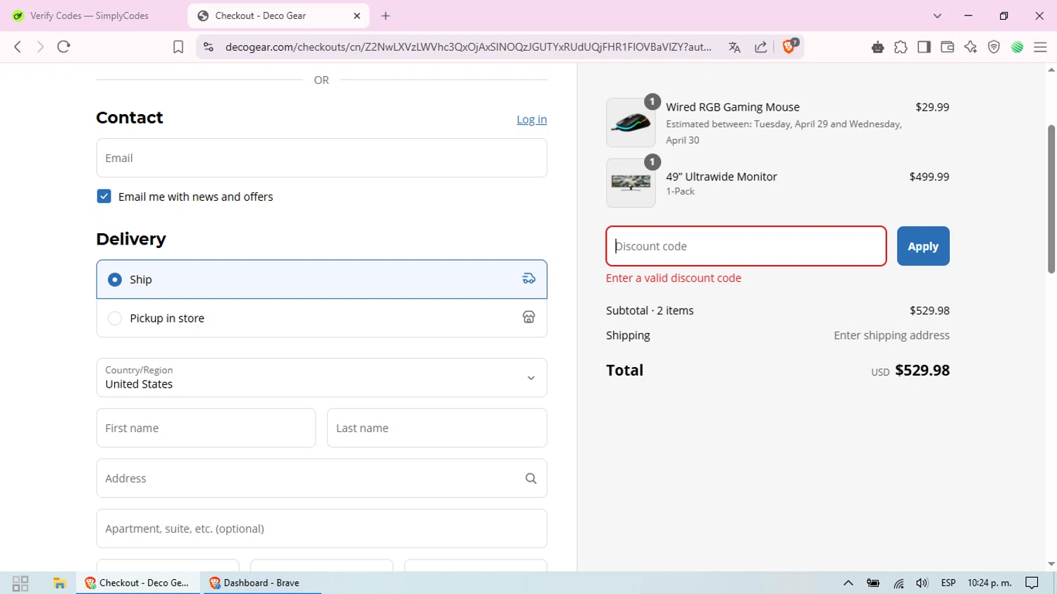 Deco Gear discount code screenshot showing code SOCIAL20 applied at Deco Gear checkout page. Uploaded by SimplyCodes community member NEZUKOO on Apr 25, 2025