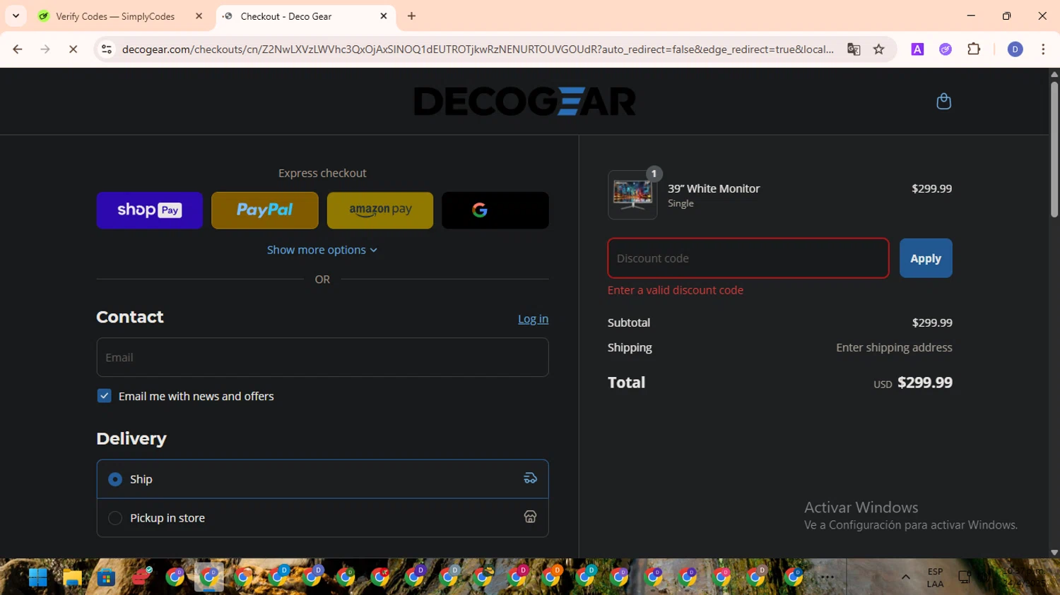 Deco Gear discount code screenshot showing code SOCIAL20 applied at Deco Gear checkout page. Uploaded by SimplyCodes community member RewardOwl5959 on Apr 25, 2025