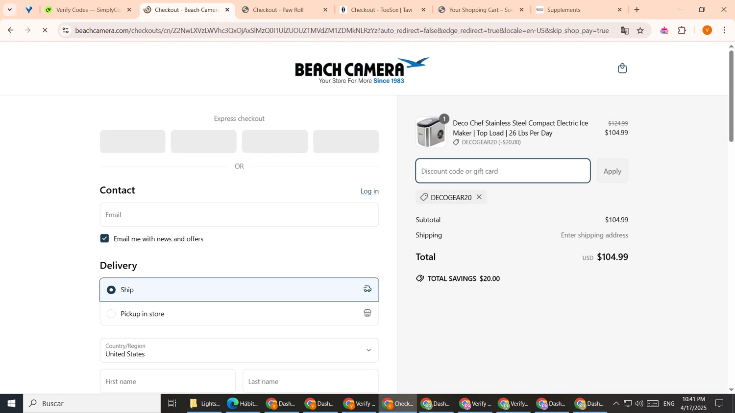 Deco Gear discount code screenshot showing code DECOGEAR20 applied at Deco Gear checkout page. Uploaded by SimplyCodes community member EpicCollector7561 on Apr 18, 2025