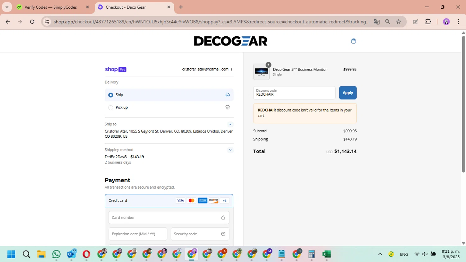 Deco Gear discount code screenshot showing code REDCHAIR applied at Deco Gear checkout page. Uploaded by SimplyCodes community member MariAPB on Aug 4, 2025