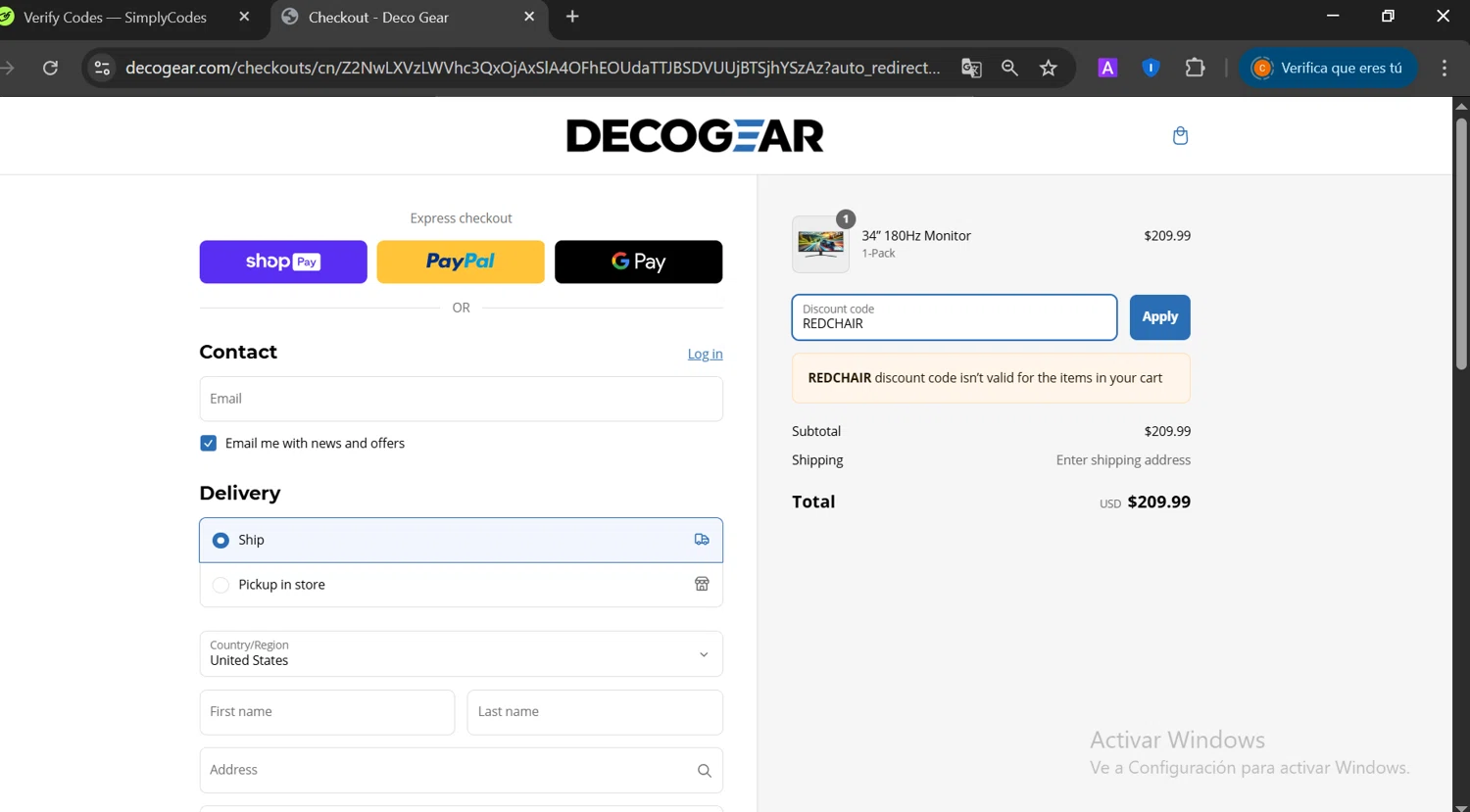 Deco Gear discount code screenshot showing code REDCHAIR applied at Deco Gear checkout page. Uploaded by SimplyCodes community member CashElite5536 on Mar 13, 2025