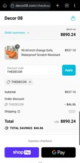 THEDECOR coupon verification screenshot