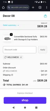 WELCOME30 coupon verification screenshot