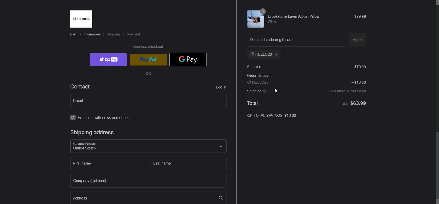Decoratd promo code screenshot showing code HELLO20 applied at Decoratd checkout page. Uploaded by SimplyCodes community member Hyupat on Jan 3, 2025