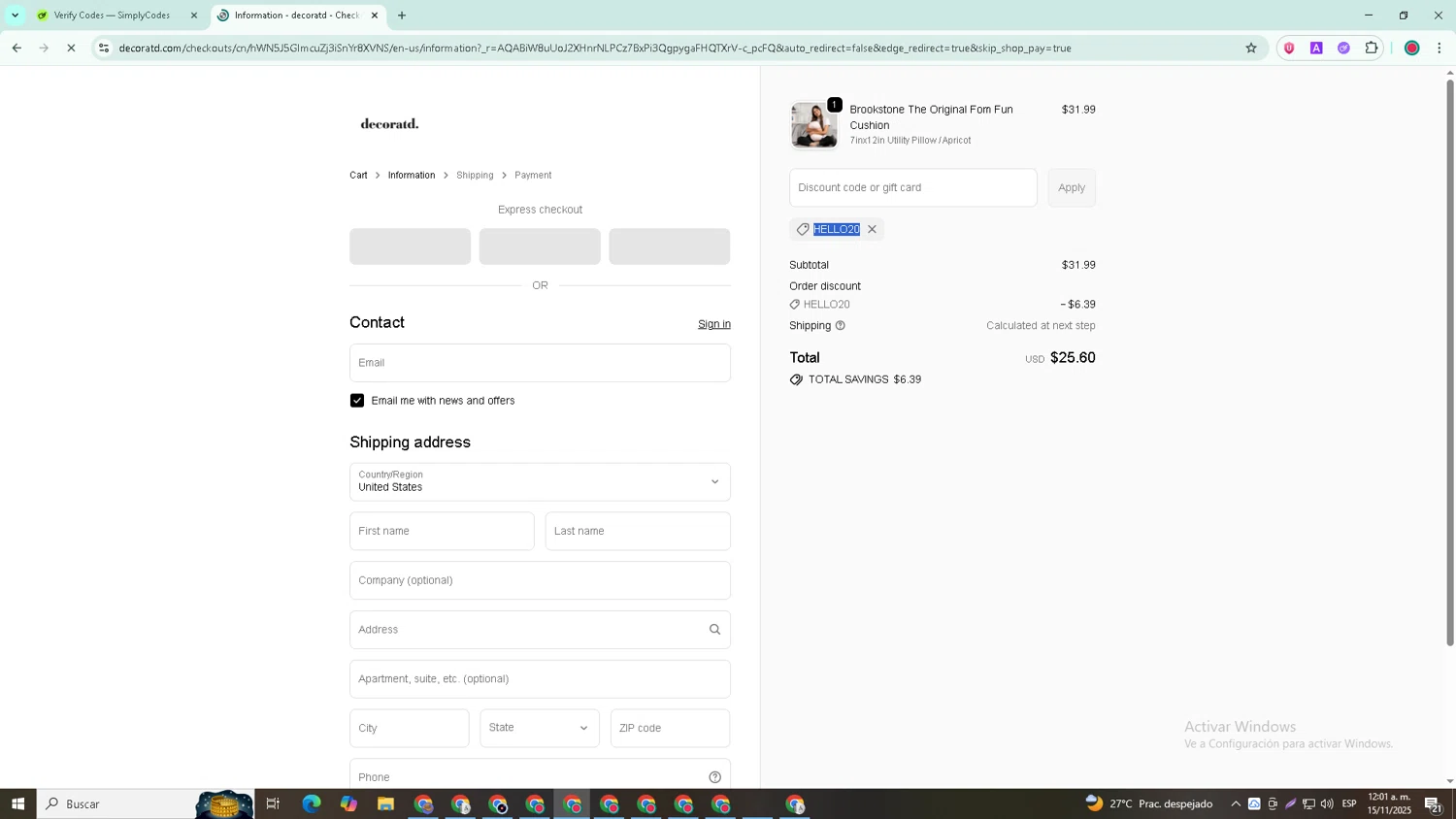 Decoratd promo code screenshot showing code HELLO20 applied at Decoratd checkout page. Uploaded by SimplyCodes community member William_Jones on Nov 15, 2025