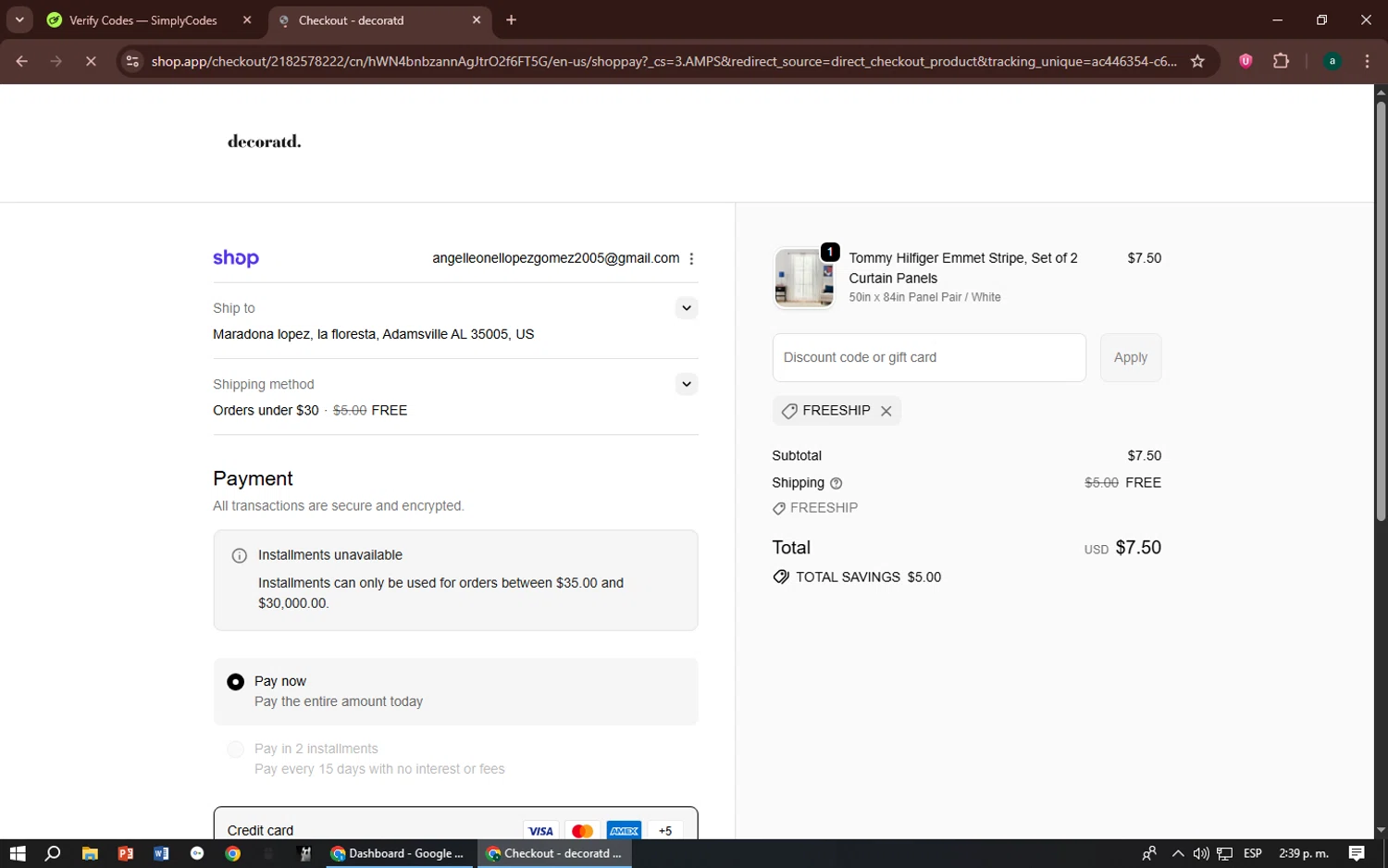 Decoratd promo code screenshot showing code freeship applied at Decoratd checkout page. Uploaded by SimplyCodes community member zizu55 on Oct 27, 2025