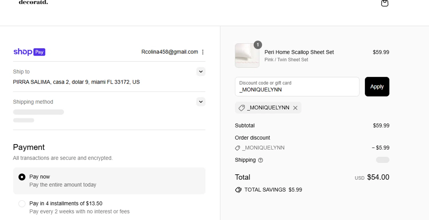 Decoratd promo code screenshot showing code _MONIQUELYNN applied at Decoratd checkout page. Uploaded by SimplyCodes community member BudgetWizard6950 on Aug 17, 2025