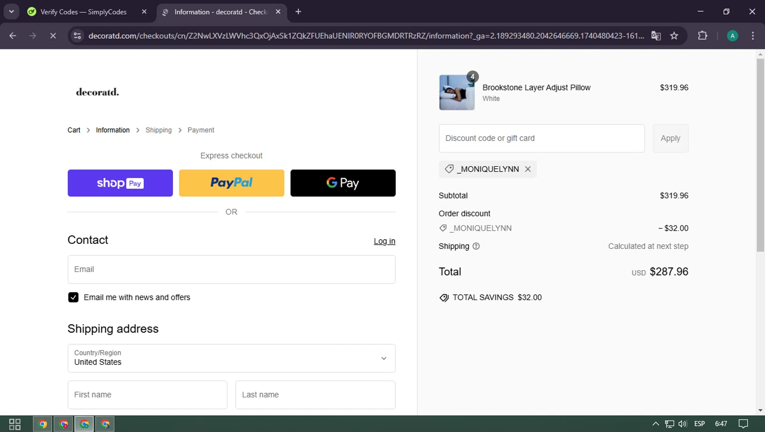Decoratd promo code screenshot showing code _MONIQUELYNN applied at Decoratd checkout page. Uploaded by SimplyCodes community member CarlOz on Feb 25, 2025