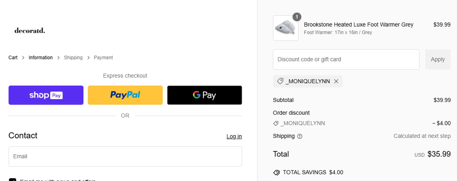 Decoratd promo code screenshot showing code _MONIQUELYNN applied at Decoratd checkout page. Uploaded by SimplyCodes community member leiraM on Jan 27, 2025