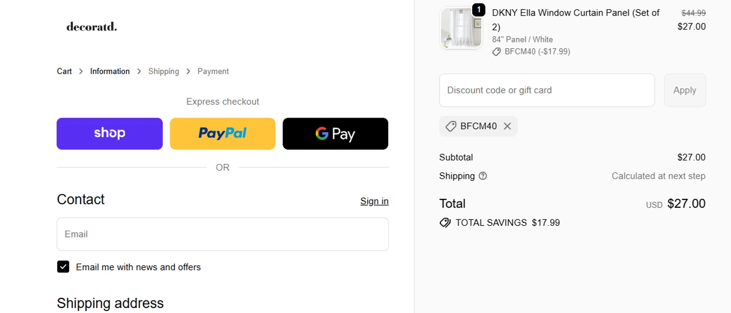 Decoratd promo code screenshot showing code BFCM40 applied at Decoratd checkout page. Uploaded by SimplyCodes community member jesspea on Nov 27, 2025