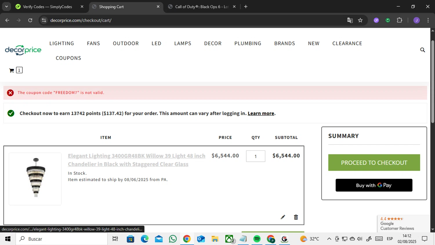 DecorPrice promo code screenshot showing code FREEDOM7 applied at DecorPrice checkout page. Uploaded by SimplyCodes community member ENCARAMESSI on Aug 2, 2025