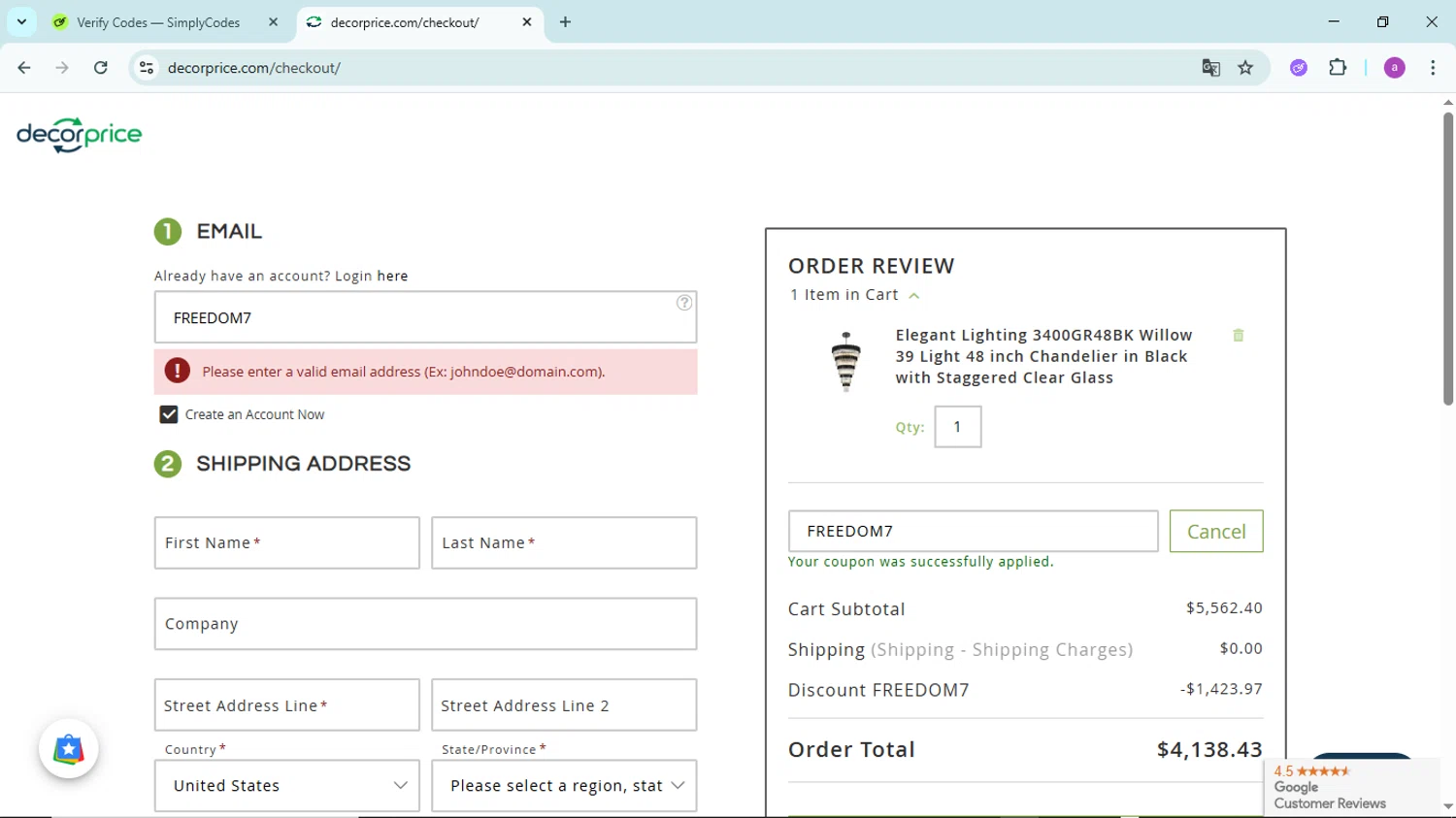 DecorPrice promo code screenshot showing code FREEDOM7 applied at DecorPrice checkout page. Uploaded by SimplyCodes community member PennyBoss9589 on Jul 4, 2025