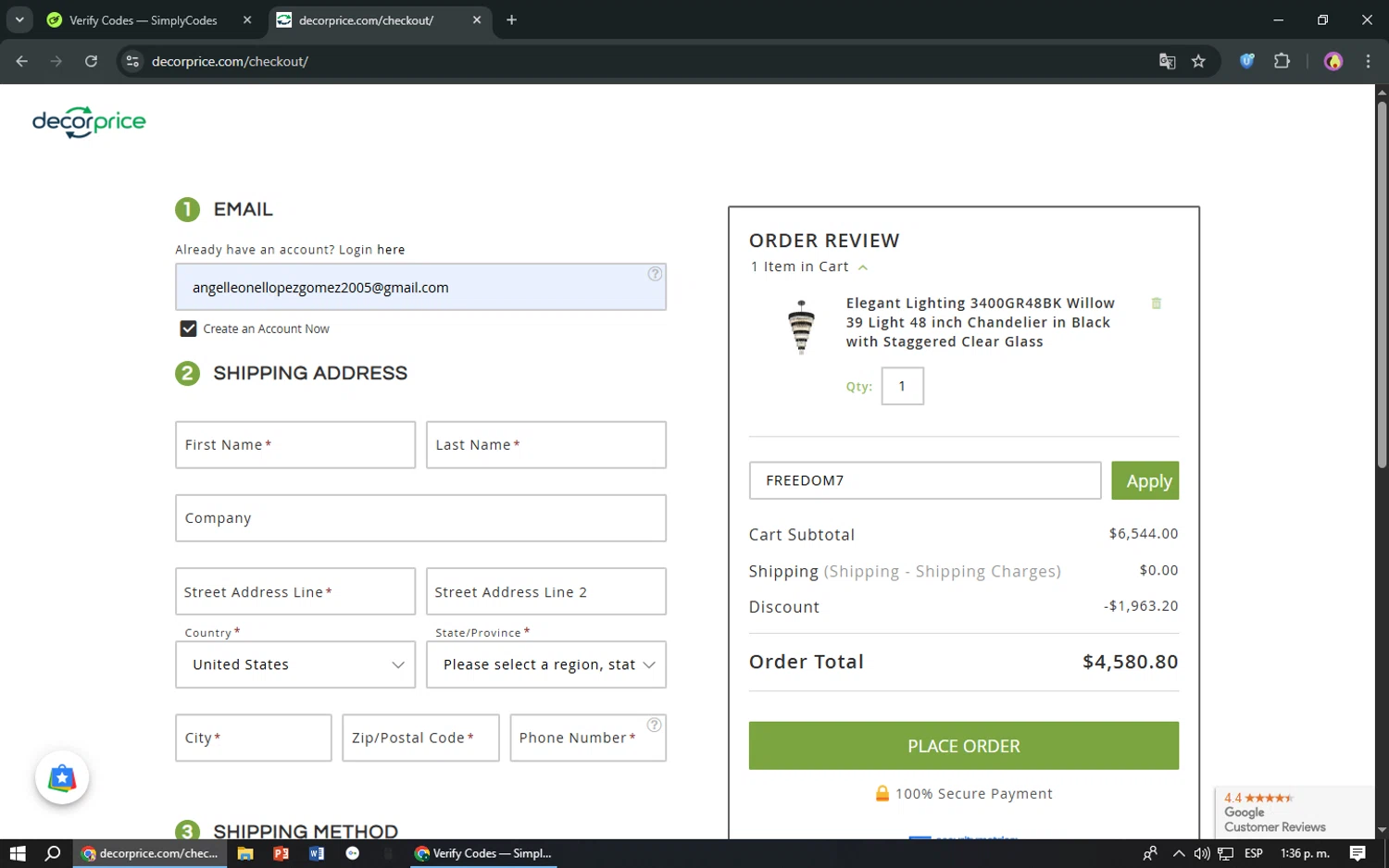DecorPrice promo code screenshot showing code FREEDOM7 applied at DecorPrice checkout page. Uploaded by SimplyCodes community member TreasureShopper9156 on Aug 2, 2025