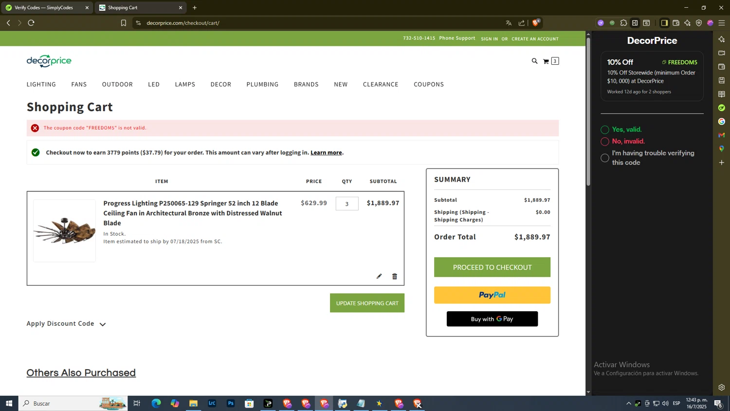 DecorPrice promo code screenshot showing code FREEDOM5 applied at DecorPrice checkout page. Uploaded by SimplyCodes community member DiscountExpert556 on Jul 16, 2025