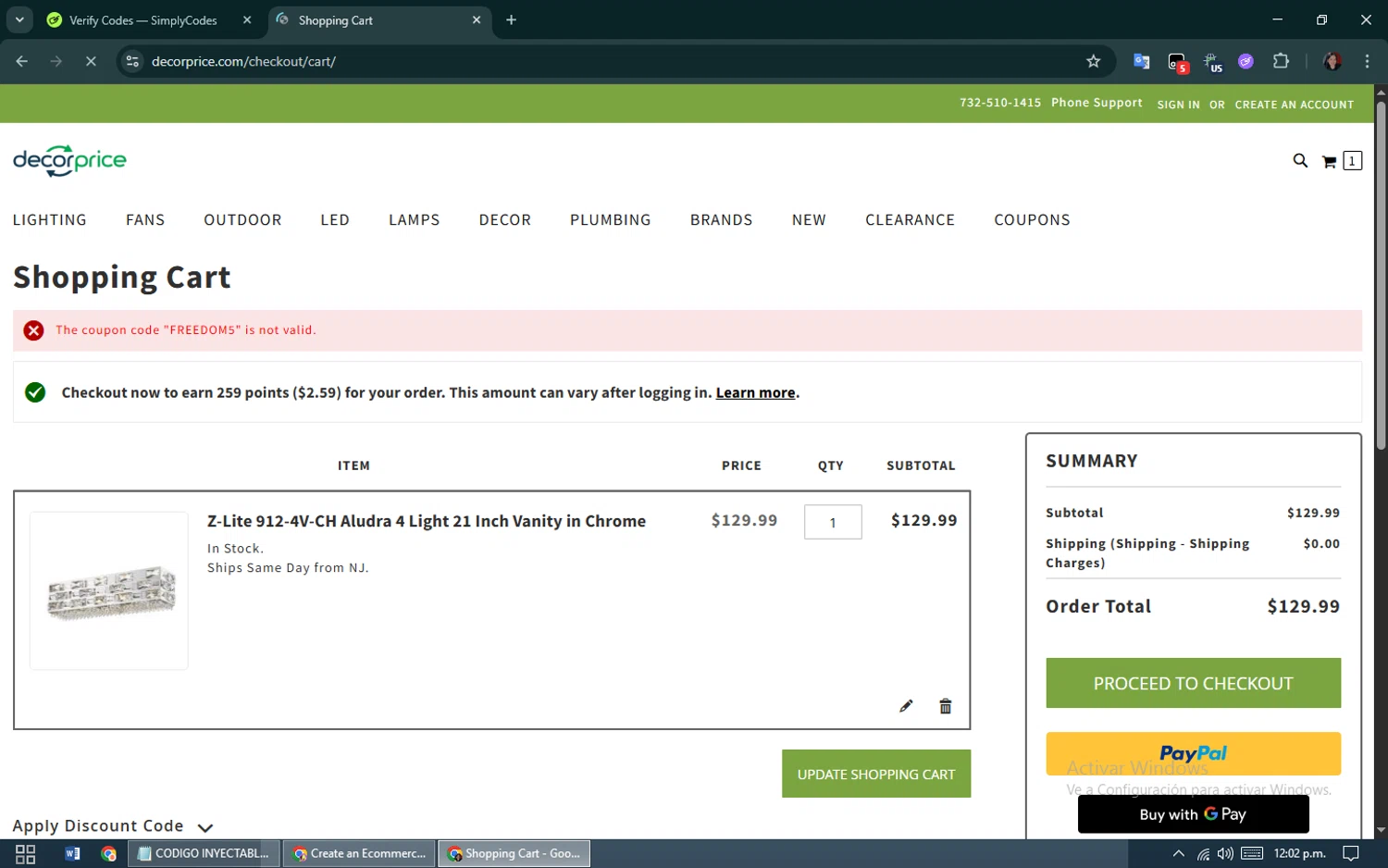 DecorPrice promo code screenshot showing code FREEDOM5 applied at DecorPrice checkout page. Uploaded by SimplyCodes community member GleywilmarReyes on Jul 16, 2025
