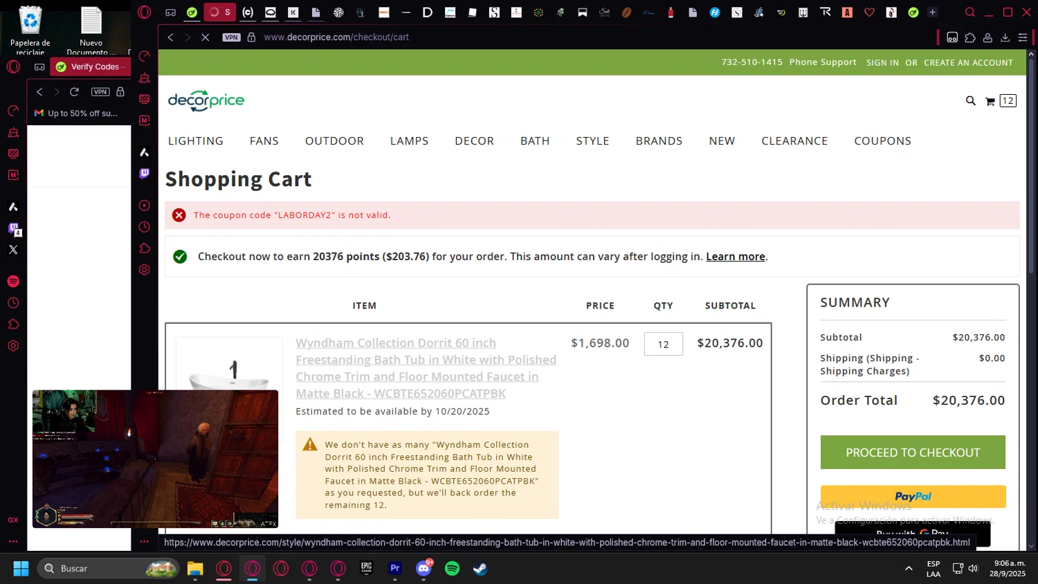 DecorPrice promo code screenshot showing code LABORDAY2 applied at DecorPrice checkout page. Uploaded by SimplyCodes community member leonardocamacho2 on Sep 28, 2025