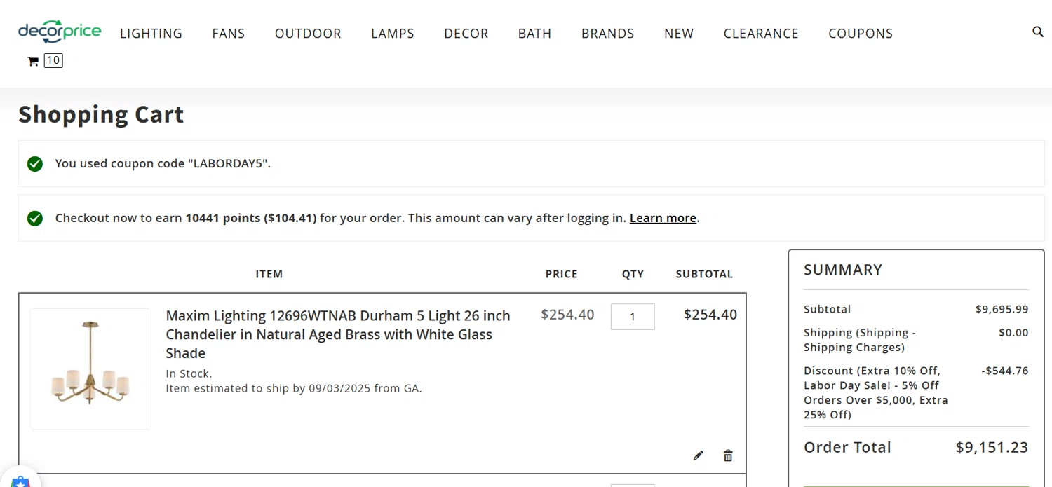 DecorPrice checkout page showing DecorPrice promo code box | Screenshot taken by SimplyCodes community member on Aug 30, 2025