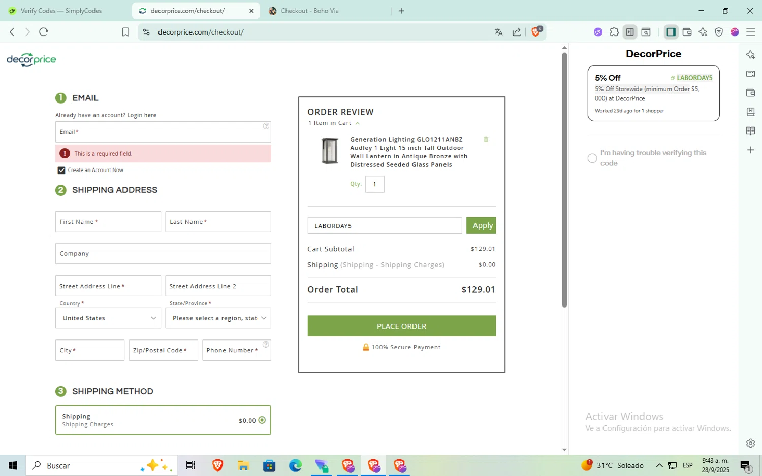 DecorPrice promo code screenshot showing code LABORDAY5 applied at DecorPrice checkout page. Uploaded by SimplyCodes community member aaaaaaaaaaaaaaa on Sep 28, 2025