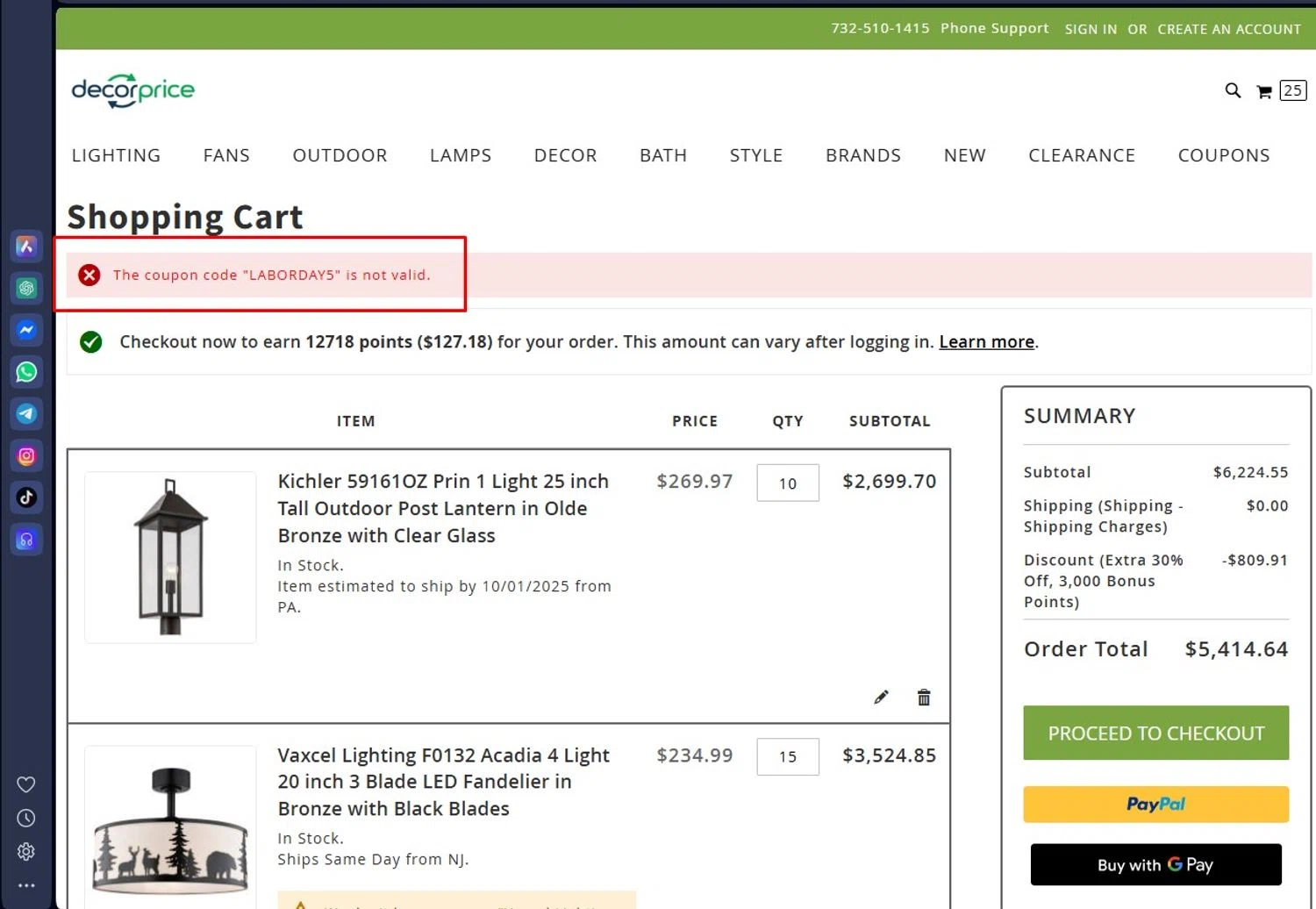 DecorPrice promo code screenshot showing code LABORDAY5 applied at DecorPrice checkout page. Uploaded by SimplyCodes community member andrescarreraborges on Sep 28, 2025