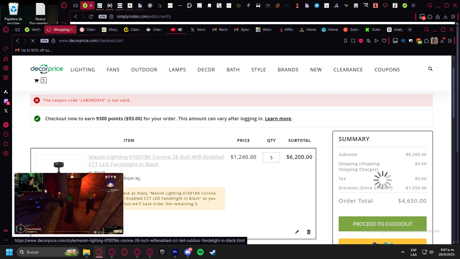 DecorPrice promo code screenshot showing code LABORDAY5 applied at DecorPrice checkout page. Uploaded by SimplyCodes community member kurcovein on Sep 28, 2025