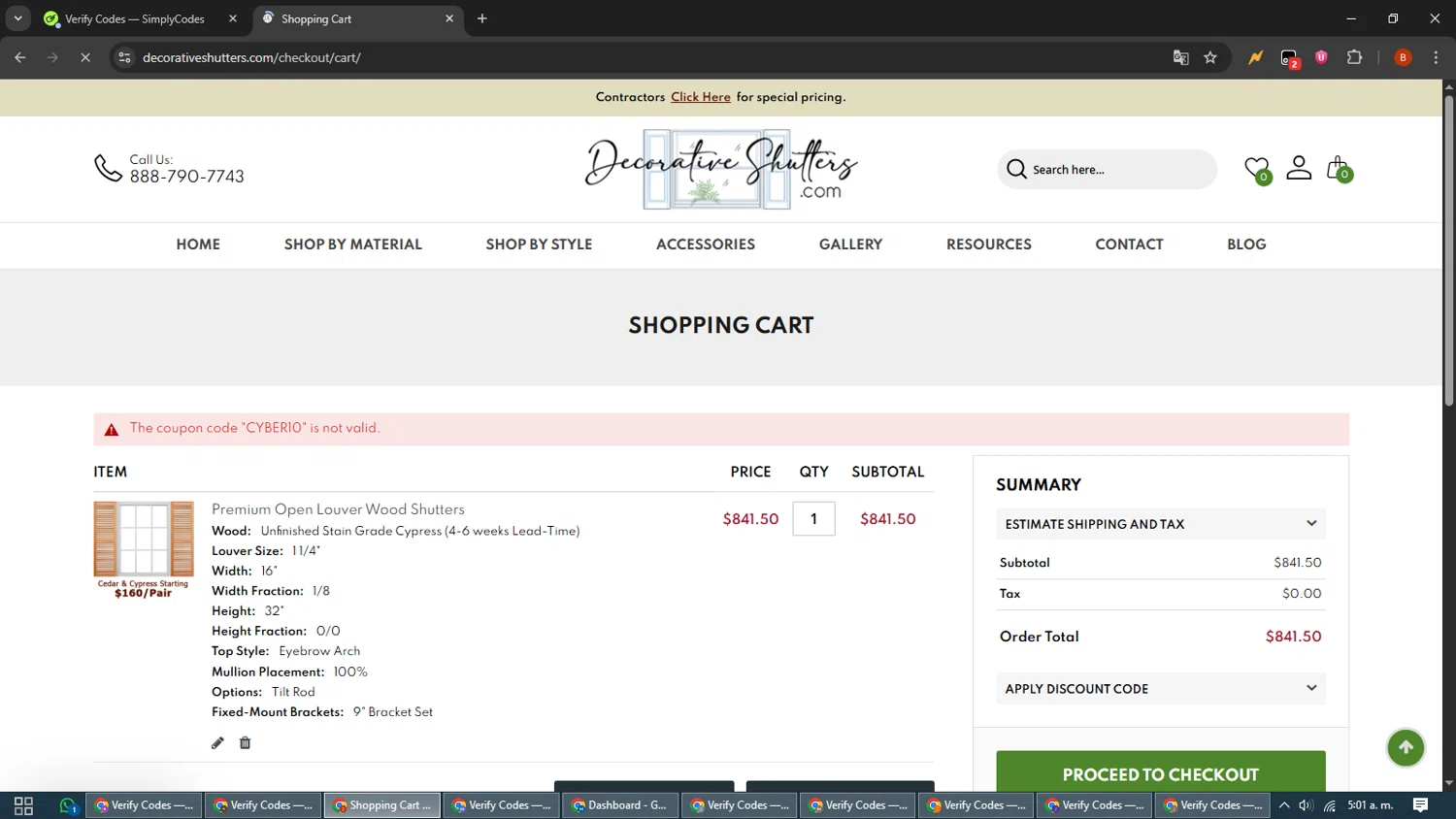 Decorative Shutters promo code screenshot showing code CYBER10 applied at Decorative Shutters checkout page. Uploaded by SimplyCodes community member BrilliantLynx7174 on Dec 3, 2025