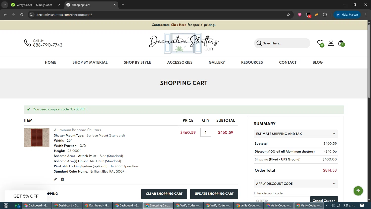 Decorative Shutters promo code screenshot showing code CYBER10 applied at Decorative Shutters checkout page. Uploaded by SimplyCodes community member EpicVoyager2820 on Dec 3, 2025