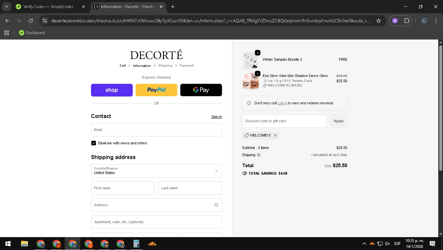 Decorte Cosmetics checkout page showing Decorte Cosmetics promo code box | Screenshot taken by SimplyCodes community member on Jan 15, 2026