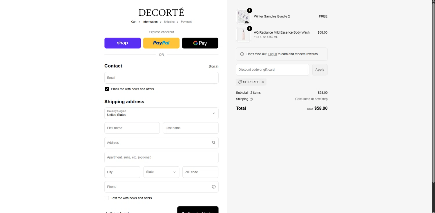 Decorte Cosmetics checkout page showing Decorte Cosmetics promo code box | Screenshot taken by SimplyCodes community member on Jan 15, 2026