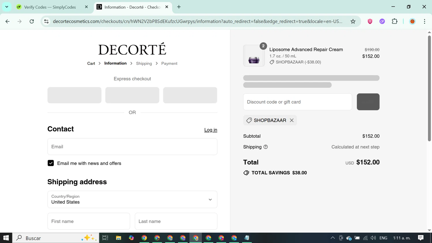 Decorte Cosmetics promo code screenshot showing code SHOPBAZAAR applied at Decorte Cosmetics checkout page. Uploaded by SimplyCodes community member ABUSAMADRES_ on Sep 2, 2025