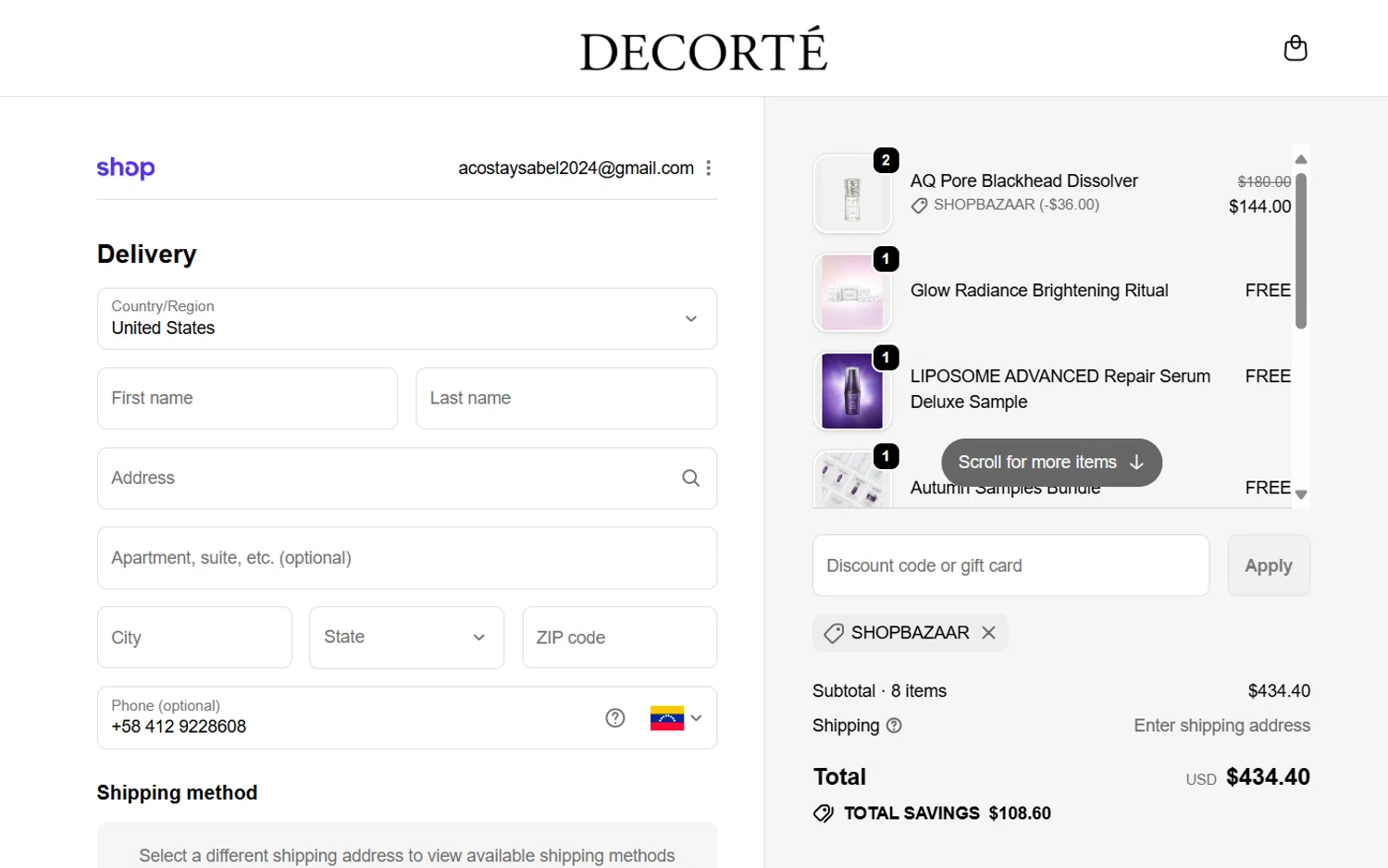 Decorte Cosmetics promo code screenshot showing code SHOPBAZAAR applied at Decorte Cosmetics checkout page. Uploaded by SimplyCodes community member JasnibelEgu on Oct 12, 2025