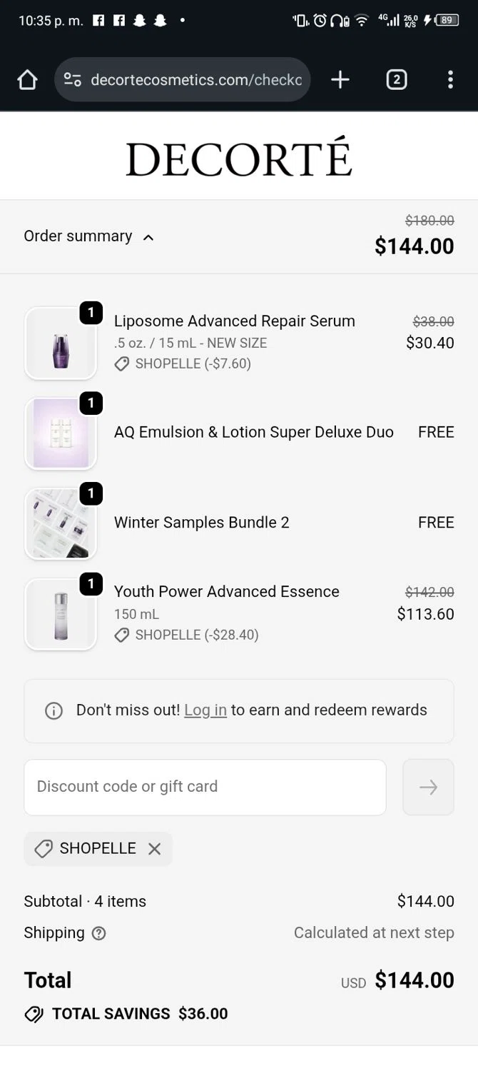 Decorte Cosmetics checkout page showing Decorte Cosmetics promo code box | Screenshot taken by SimplyCodes community member on Jan 15, 2026