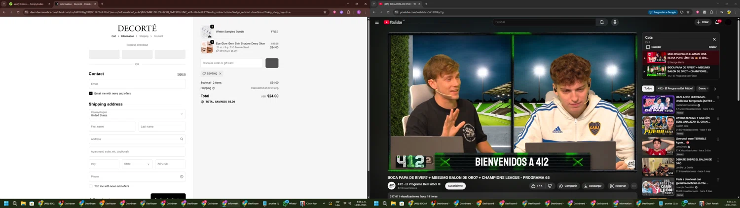 Decorte Cosmetics promo code screenshot showing code S5V7KQ applied at Decorte Cosmetics checkout page. Uploaded by SimplyCodes community member RoyalSentinel4577 on Nov 12, 2025