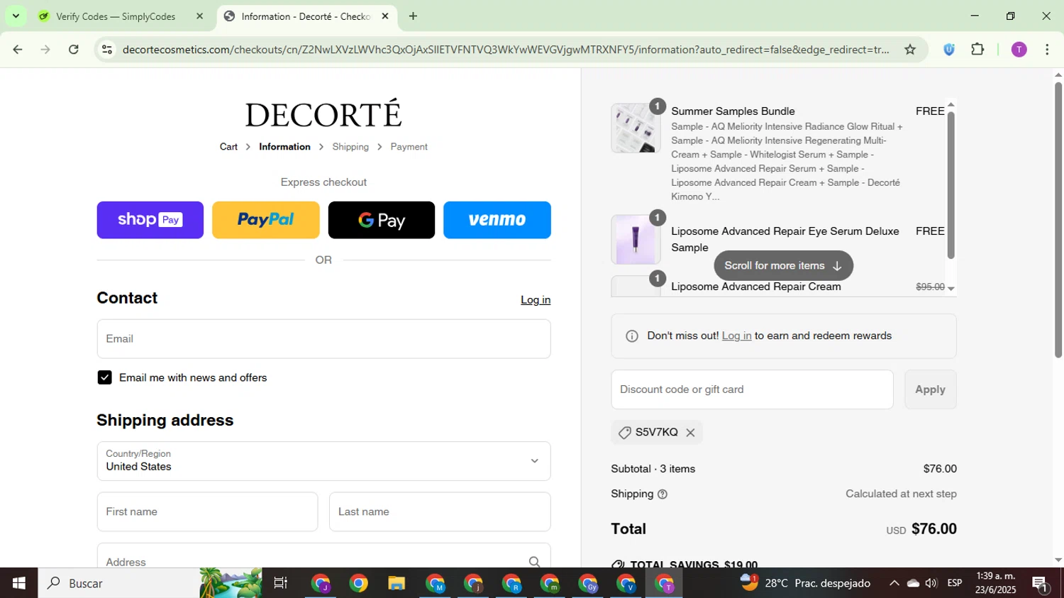 Decorte Cosmetics promo code screenshot showing code S5V7KQ applied at Decorte Cosmetics checkout page. Uploaded by SimplyCodes community member ThriftyCurator4085 on Jun 23, 2025