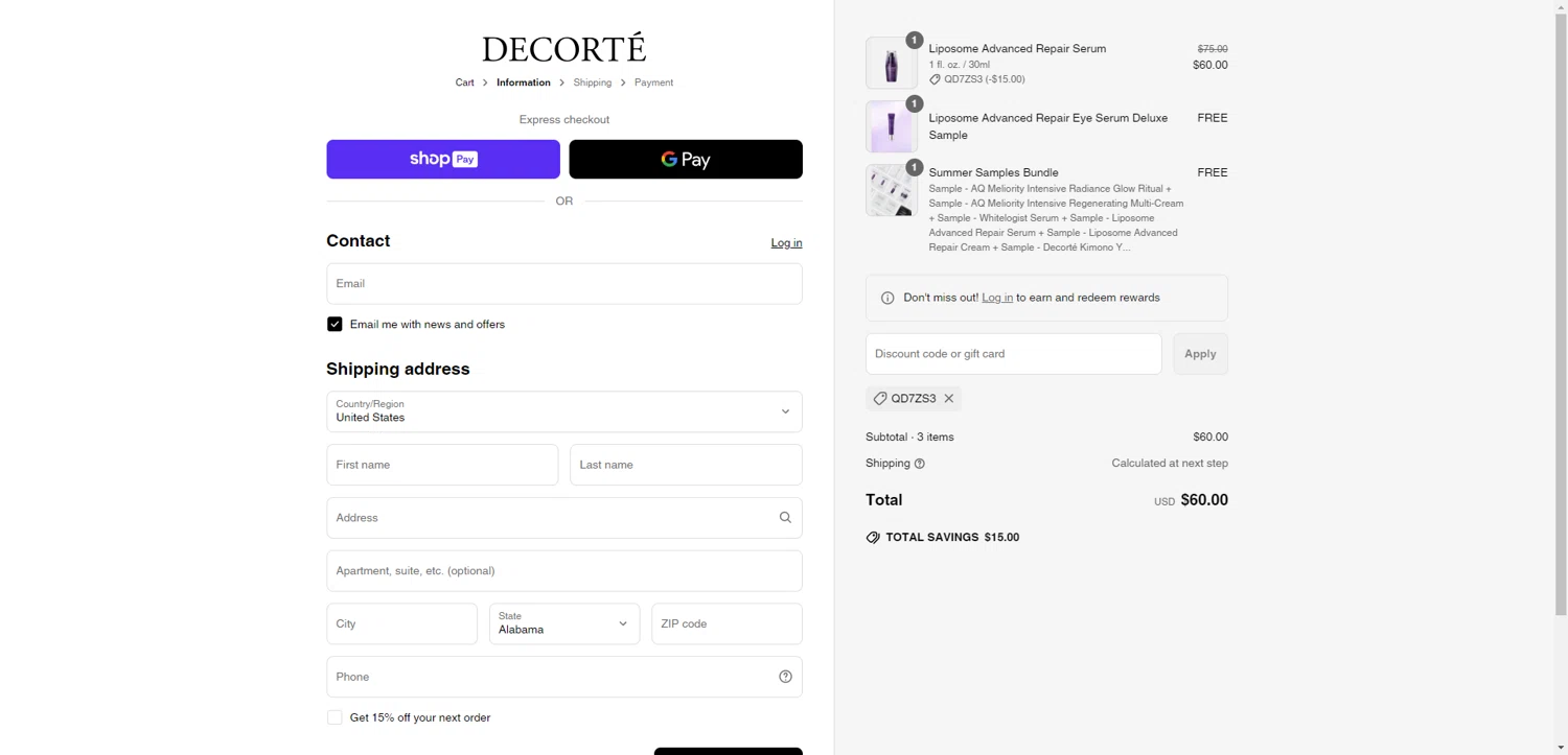 Decorte Cosmetics promo code screenshot showing code QD7ZS3 applied at Decorte Cosmetics checkout page. Uploaded by SimplyCodes community member CashSentinel5495 on Jun 23, 2025