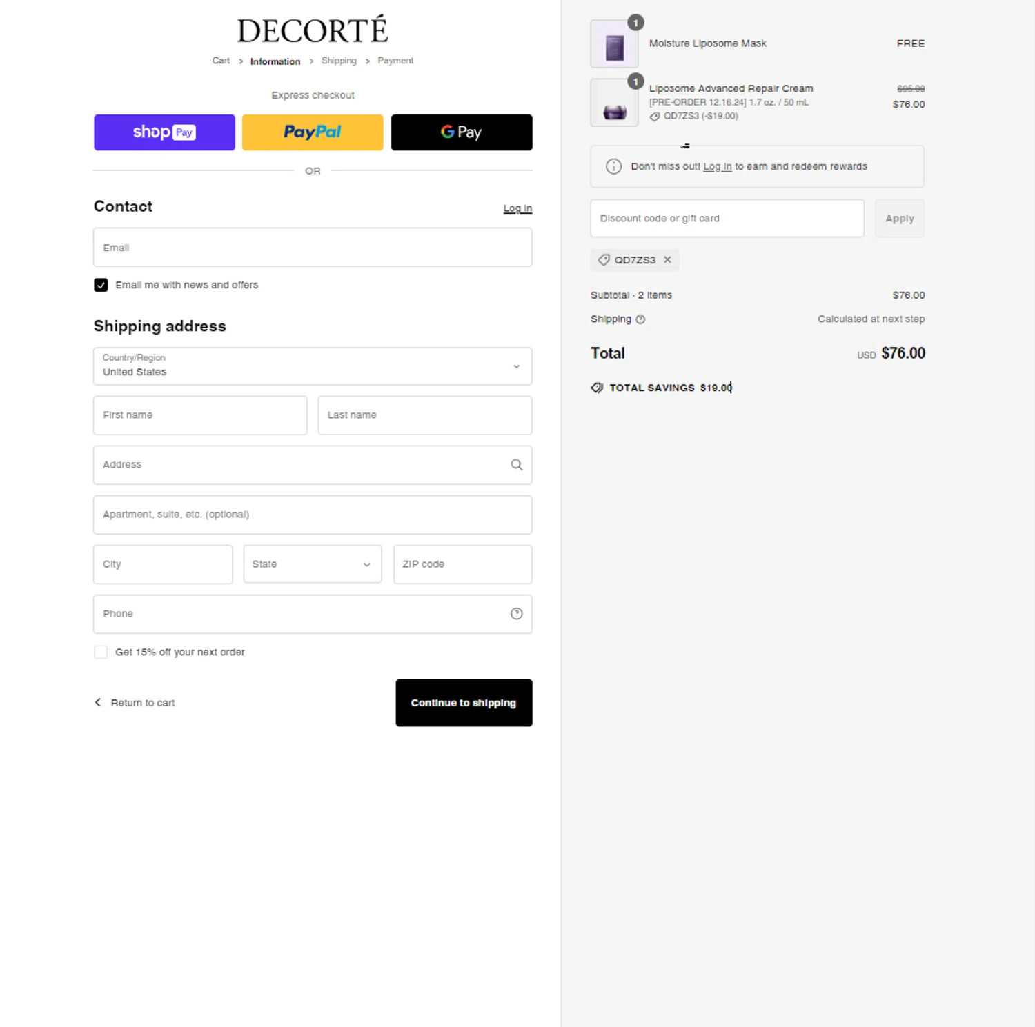 Decorte Cosmetics promo code screenshot showing code QD7ZS3 applied at Decorte Cosmetics checkout page. Uploaded by SimplyCodes community member Yonaikeryriarte08 on Feb 10, 2025