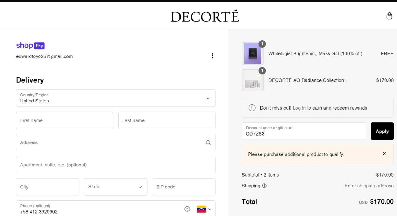 Decorte Cosmetics promo code screenshot showing code QD7ZS3 applied at Decorte Cosmetics checkout page. Uploaded by SimplyCodes community member edwardtoyo on Jan 12, 2025