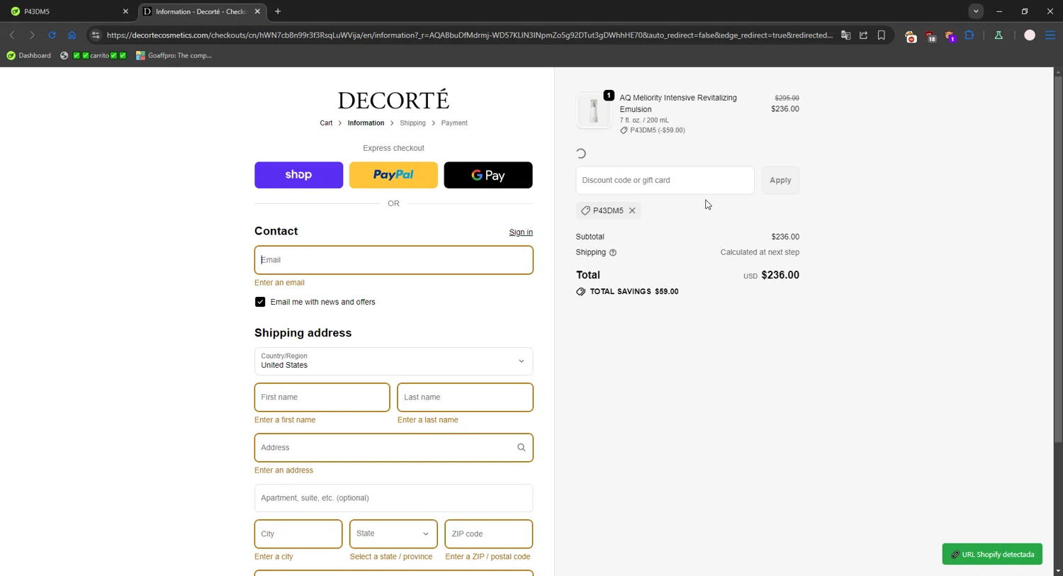 Decorte Cosmetics checkout page showing Decorte Cosmetics promo code box | Screenshot taken by SimplyCodes community member on Jan 15, 2026