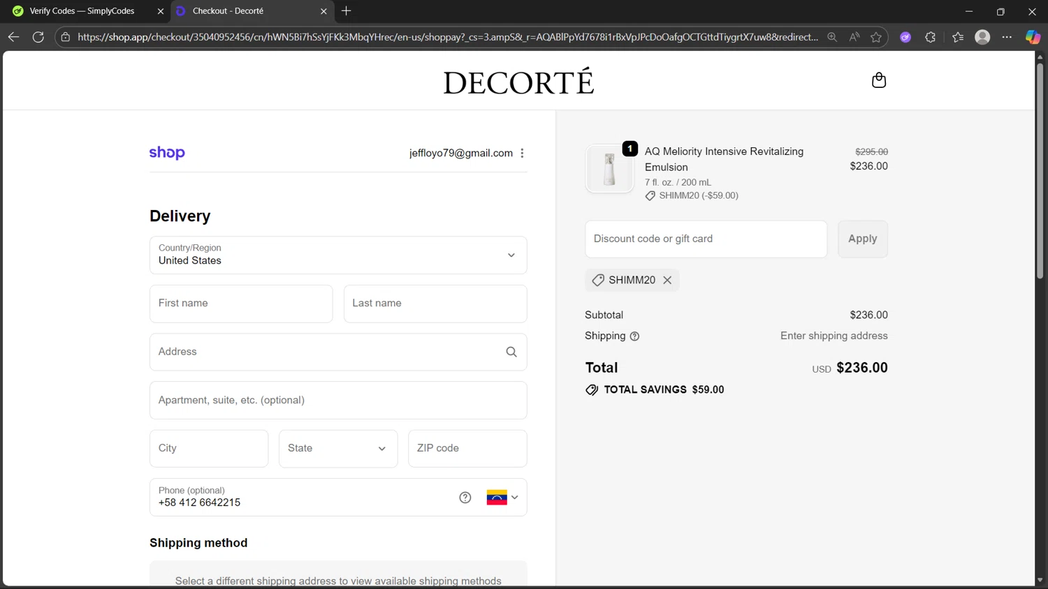 Decorte Cosmetics promo code screenshot showing code SHIMM20 applied at Decorte Cosmetics checkout page. Uploaded by SimplyCodes community member _Flash_ on Nov 12, 2025