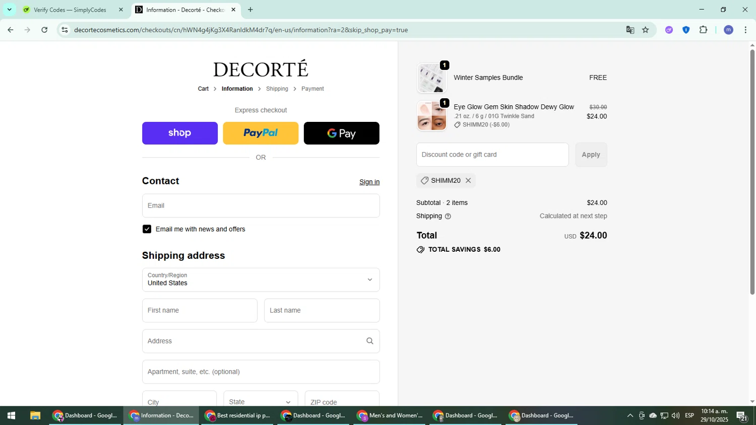 Decorte Cosmetics promo code screenshot showing code SHIMM20 applied at Decorte Cosmetics checkout page. Uploaded by SimplyCodes community member QuestDefender2661 on Oct 29, 2025