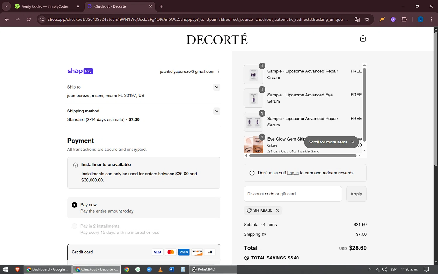 Decorte Cosmetics promo code screenshot showing code SHIMM20 applied at Decorte Cosmetics checkout page. Uploaded by SimplyCodes community member oscarbeaujon on Aug 7, 2025