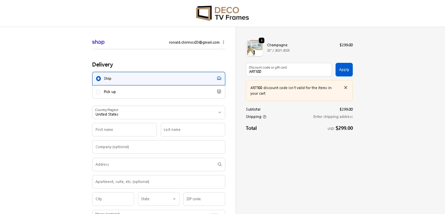 DecoTVFrames promo code screenshot showing code ART100 applied at DecoTVFrames checkout page. Uploaded by SimplyCodes community member CrownAce9258 on Dec 13, 2025