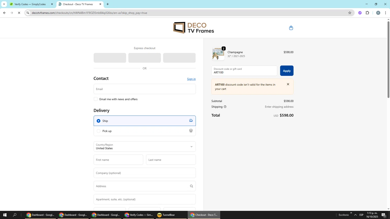 DecoTVFrames promo code screenshot showing code ART100 applied at DecoTVFrames checkout page. Uploaded by SimplyCodes community member Piolin on Oct 16, 2025