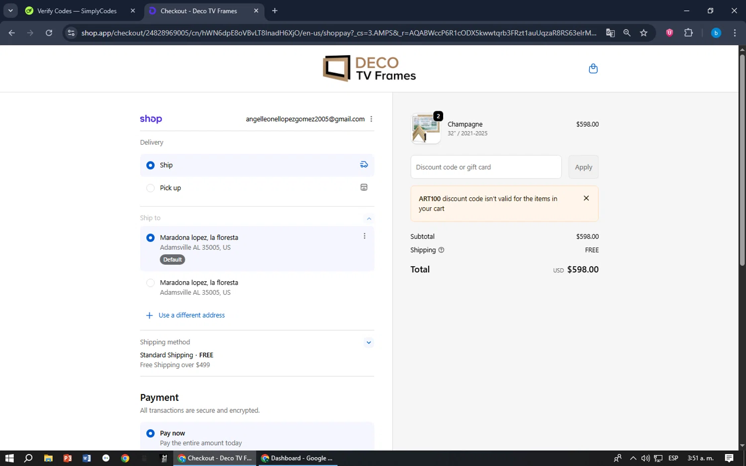 DecoTVFrames promo code screenshot showing code ART100 applied at DecoTVFrames checkout page. Uploaded by SimplyCodes community member bilijr on Dec 20, 2025