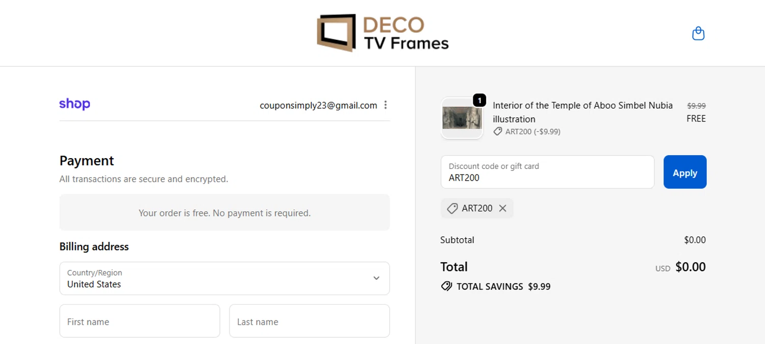 DecoTVFrames promo code screenshot showing code ART200 applied at DecoTVFrames checkout page. Uploaded by SimplyCodes community member Chrisyks on Nov 12, 2025