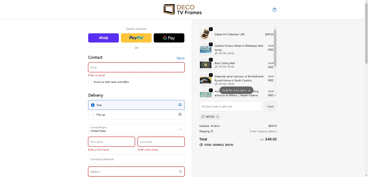 DecoTVFrames promo code screenshot showing code ART200 applied at DecoTVFrames checkout page. Uploaded by SimplyCodes community member DealHunter6996 on Nov 12, 2025