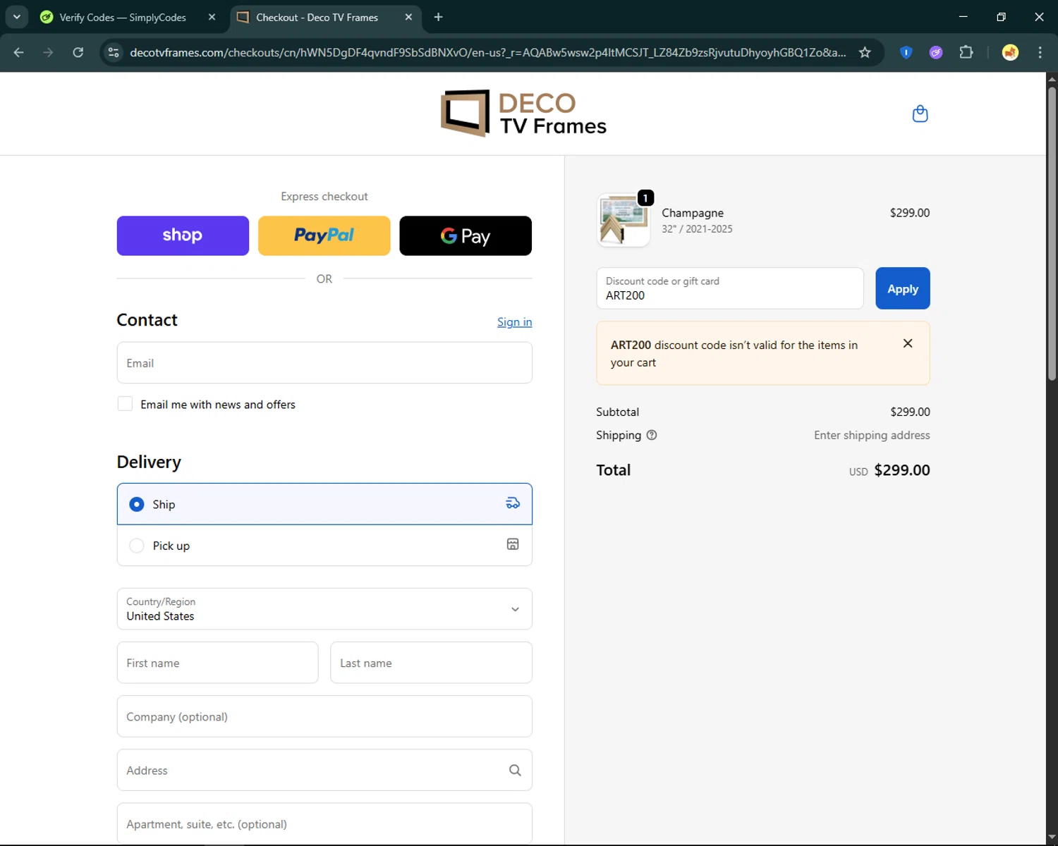 DecoTVFrames promo code screenshot showing code ART200 applied at DecoTVFrames checkout page. Uploaded by SimplyCodes community member SmartFinder4193 on Nov 12, 2025