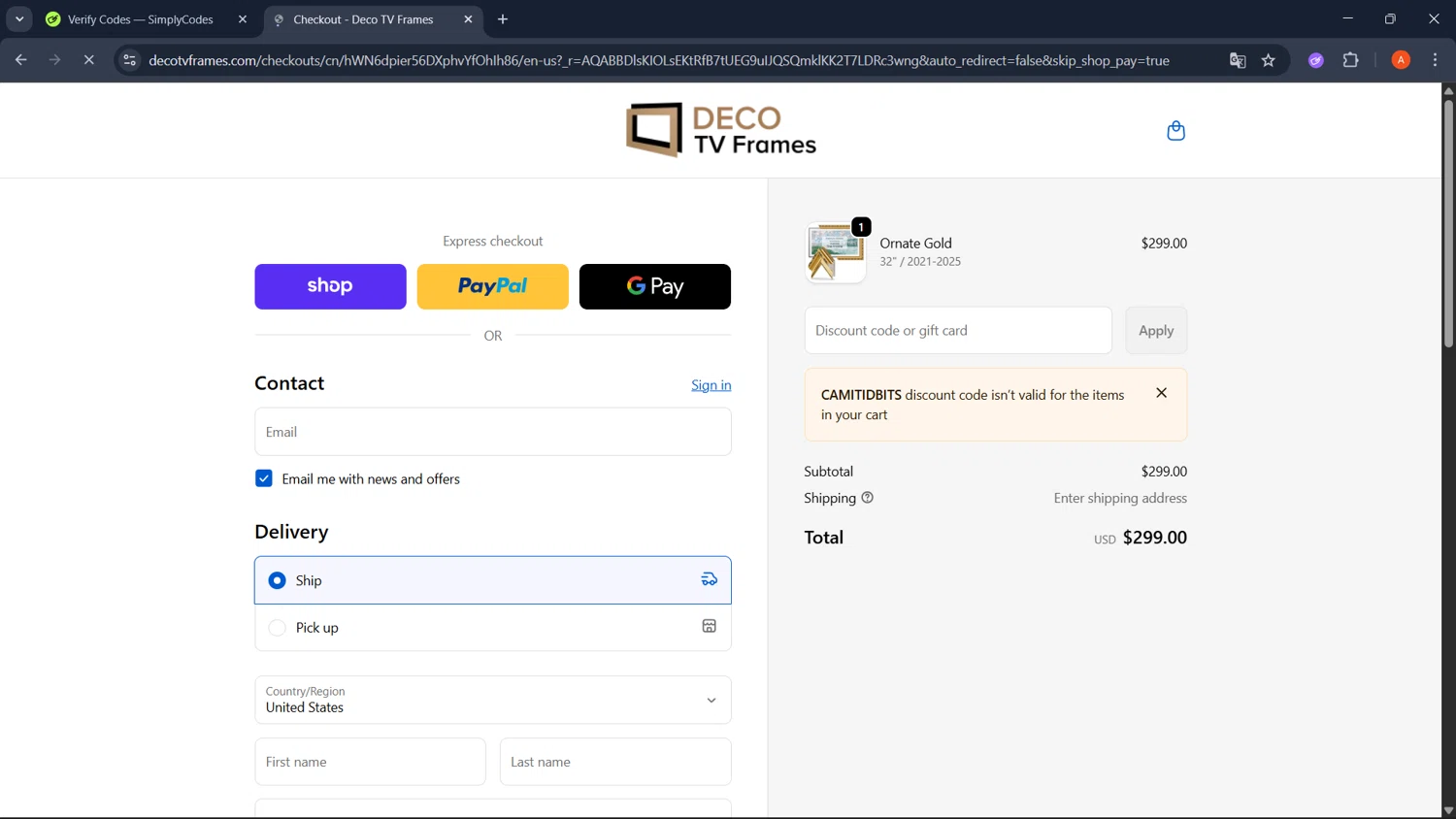 DecoTVFrames promo code screenshot showing code CAMITIDBITS applied at DecoTVFrames checkout page. Uploaded by SimplyCodes community member GoldChaser2970 on Dec 20, 2025